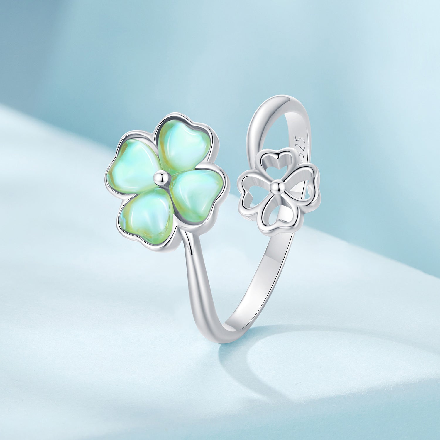 Silver Ring Four Leaf Clover Glass Open Ring For Sale - sursenso Open Rings