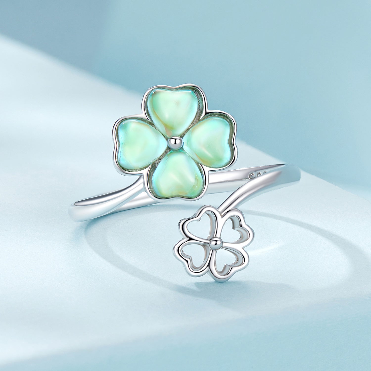 Silver Ring Four Leaf Clover Glass Open Ring For Sale - sursenso Open Rings