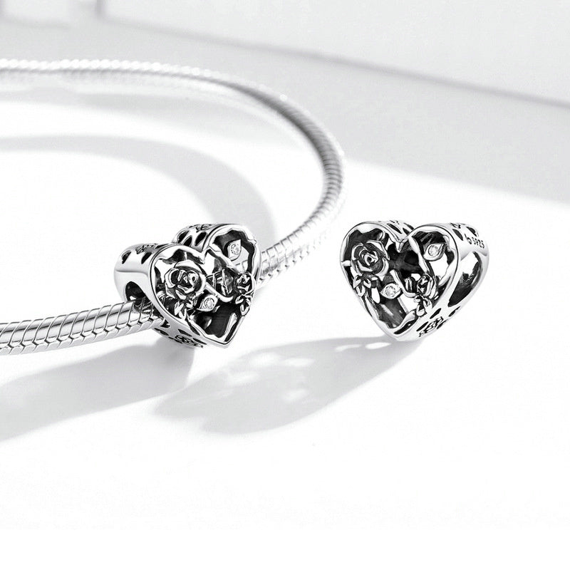 Silver Charm Rose Love Heart Bead Charm For Sale - sursenso Charm