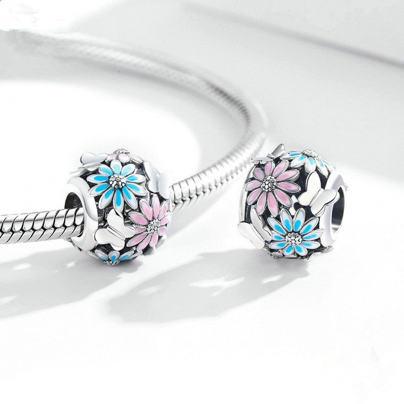 Silver Charm Pink Floral Daisy Butterfly Charm