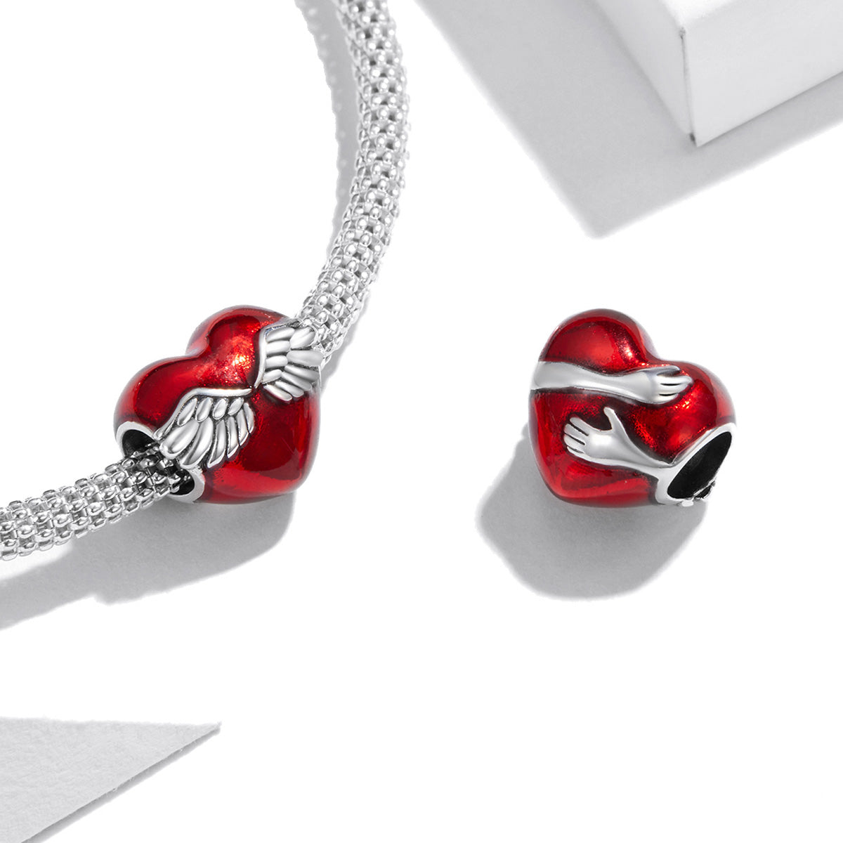 Silver Charm Angel's Wings Embrace of Red Love Heart Charm For Sale - sursenso Charm