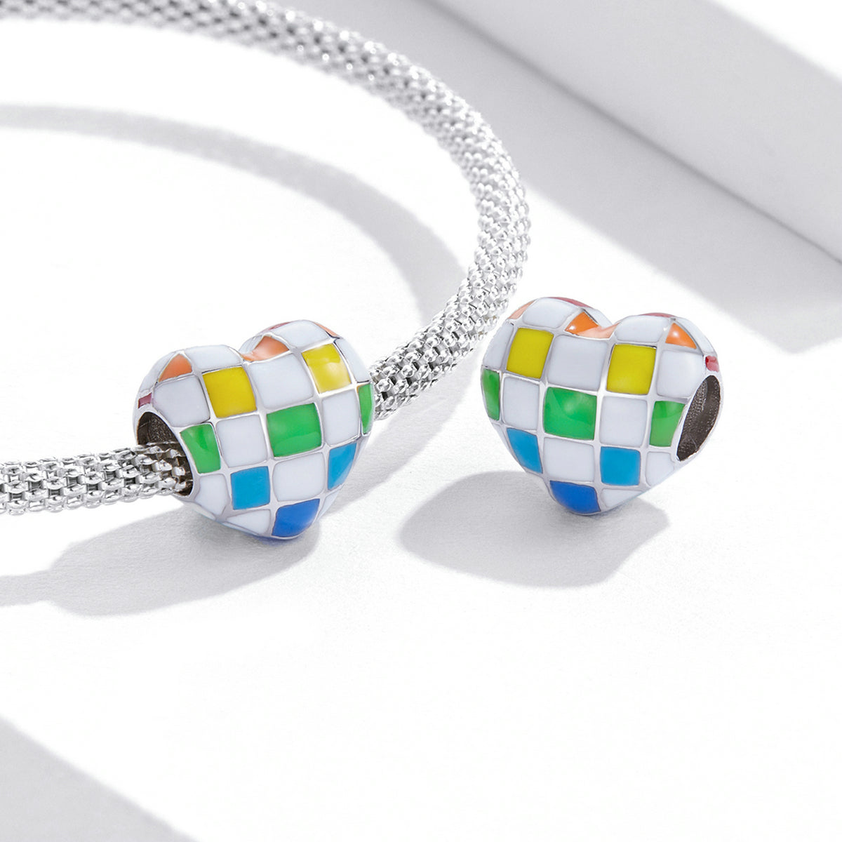 Silver Charm Rainbow Chequered Heart Enamel Charm For Sale - sursenso Charm