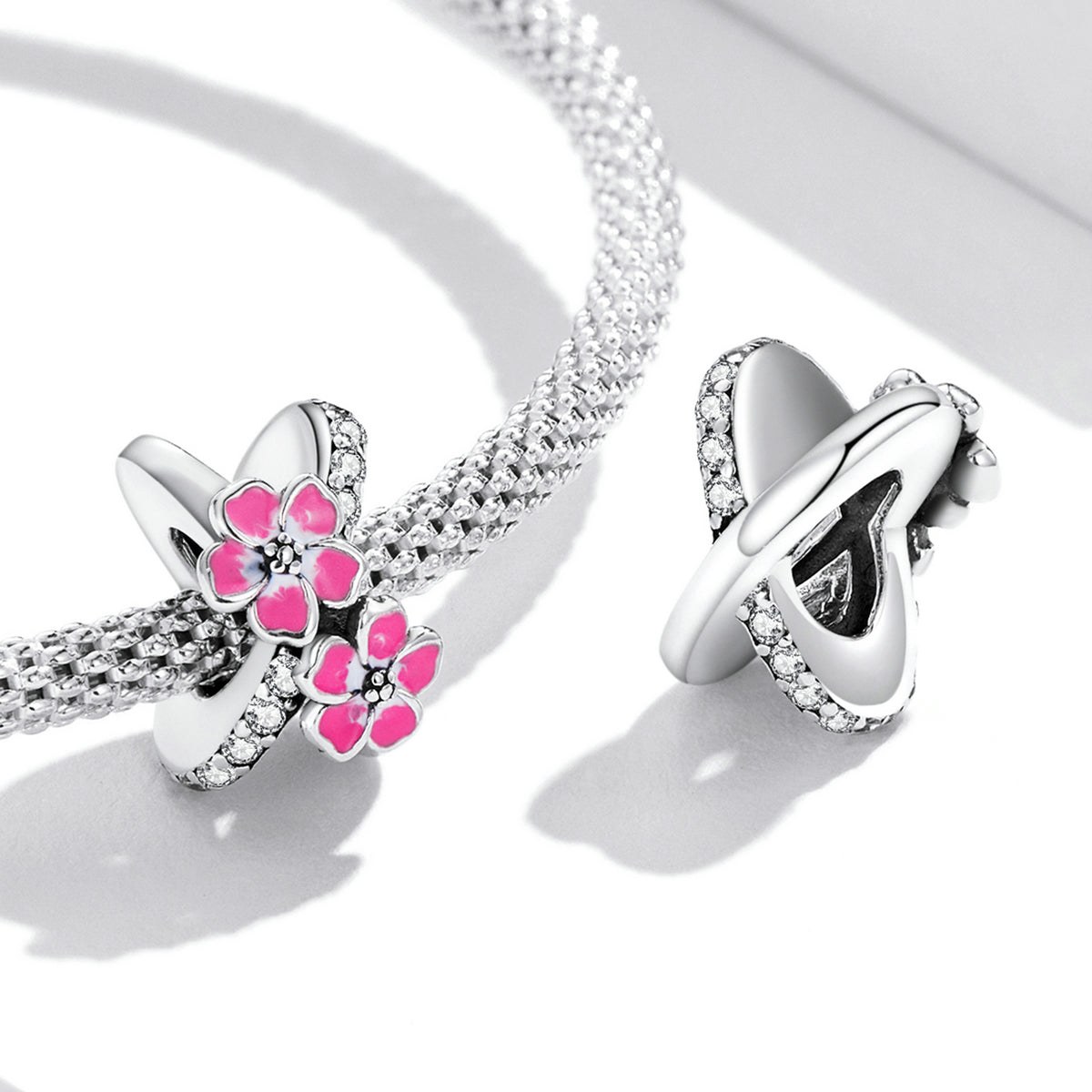 Silver Charm Pink Blooming Flowers Spacer CZ Charm For Sale - sursenso Charm