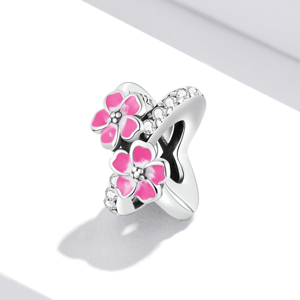 Silver Charm Pink Blooming Flowers Spacer CZ Charm For Sale - sursenso Charm