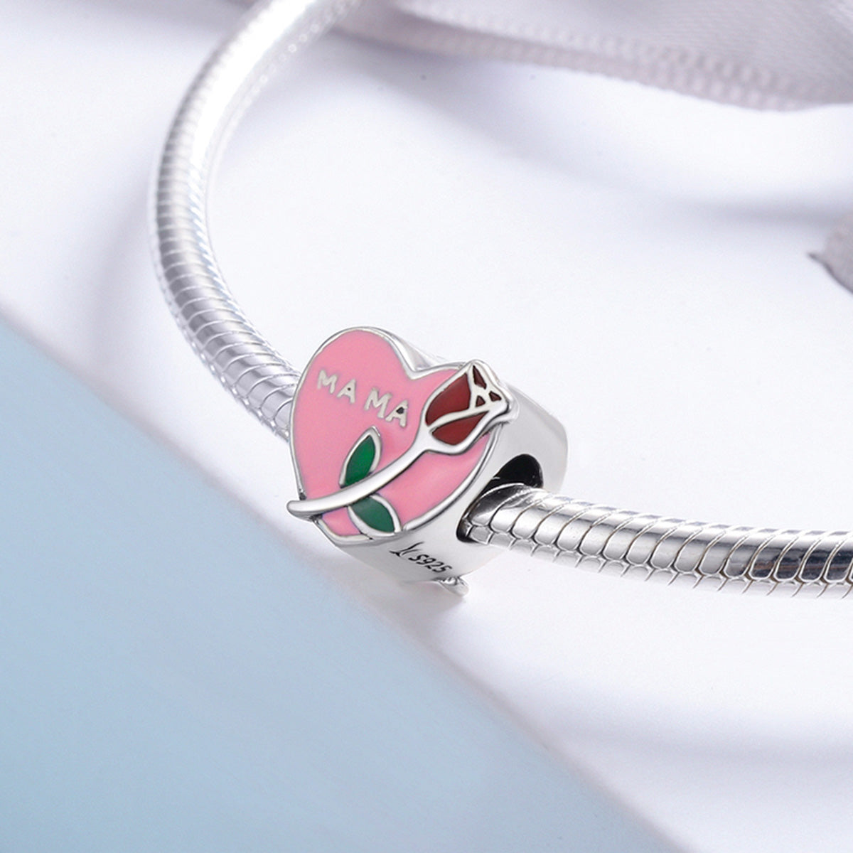 Silver Charm Mama in Heart Rose Flower Charm For Sale - sursenso Charm