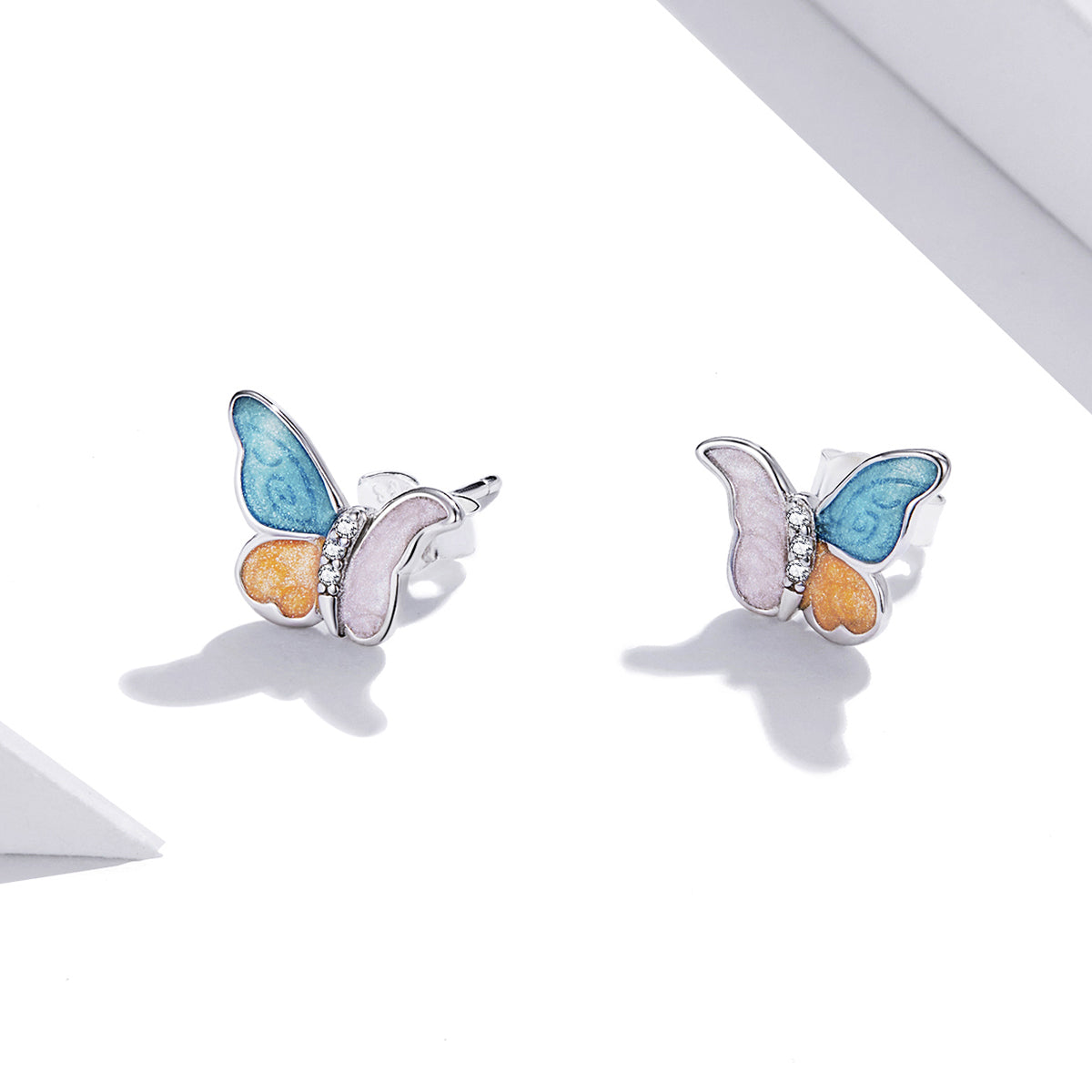 Silver Earrings Three Colors Enamel Butterfly CZ Stud Earrings For Sale - sursenso Earring