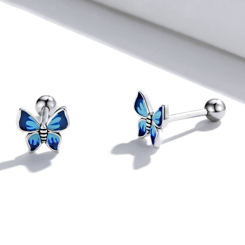 Silver Earrings Blue Enamel Elegant Butterfly Piercing Stud Earrings For Sale - sursenso Earring