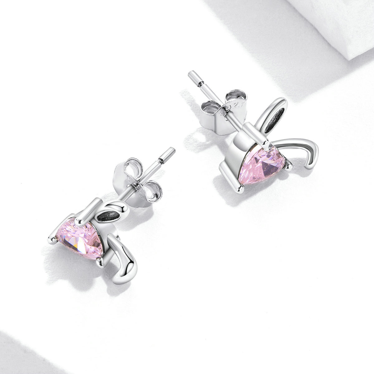 Silver Earrings Hare Ears Pink Crystal Stone Rabbit Ear CZ Stud Earrings For Sale - sursenso Earring