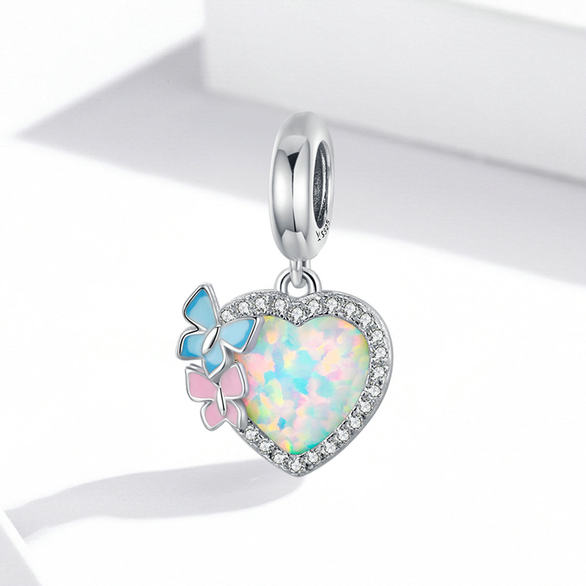 Silver Pendant Butterfly Opal Heart CZ Dangle Charm For Sale - sursenso Pendant