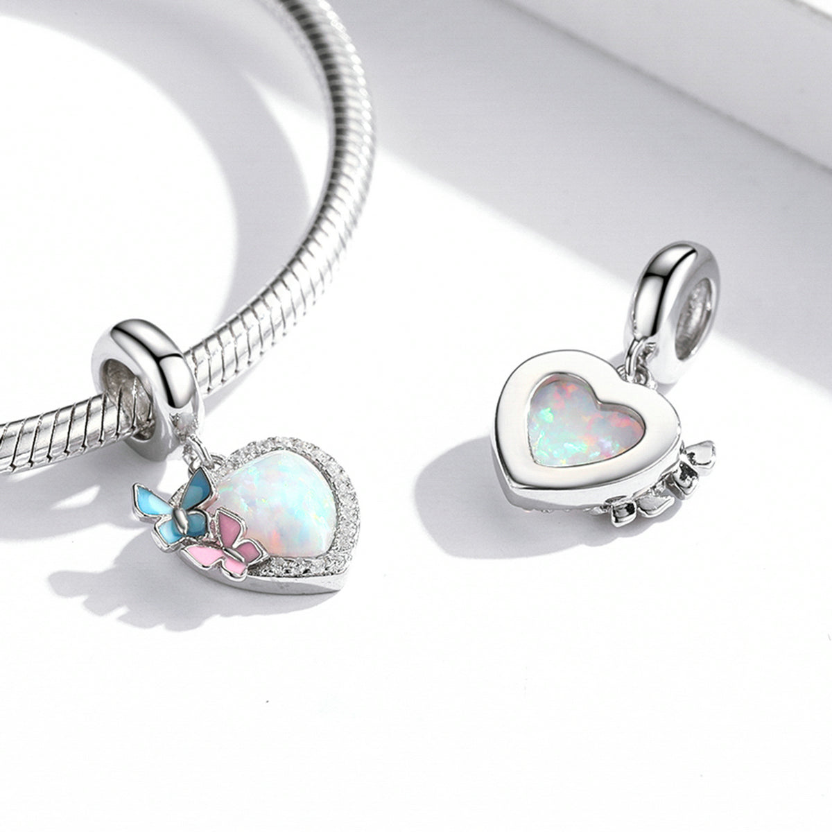 Silver Pendant Butterfly Opal Heart CZ Dangle Charm For Sale - sursenso Pendant