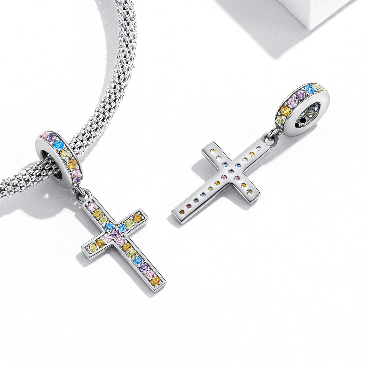 Silver Pendant Rainbow Colorful Cross CZ Dangle Charm For Sale - sursenso Pendant