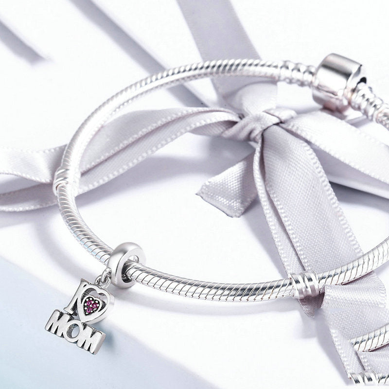 Silver Pendant I Love Mom Letter CZ Dangle Charm For Sale - sursenso Pendant