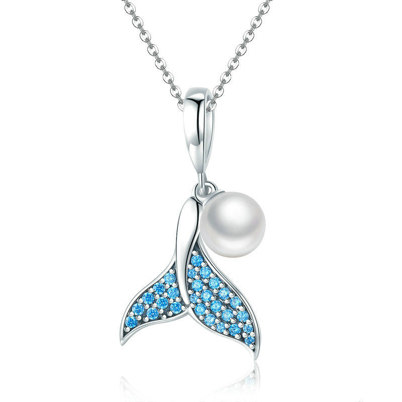 Silver Pendant Mermaid's Tail Pearl Drop CZ Dangle Charm For Sale - sursenso Pendant