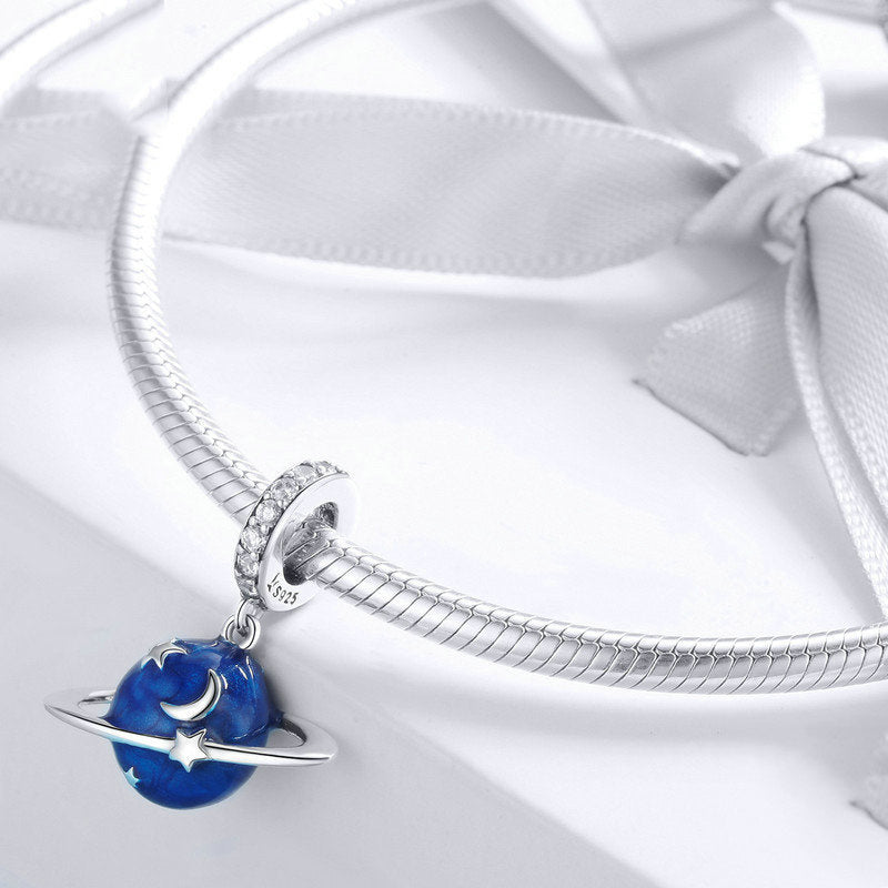 Silver Pendant Planet Moon Star Blue Enamel CZ Dangle Charm For Sale - sursenso Pendant