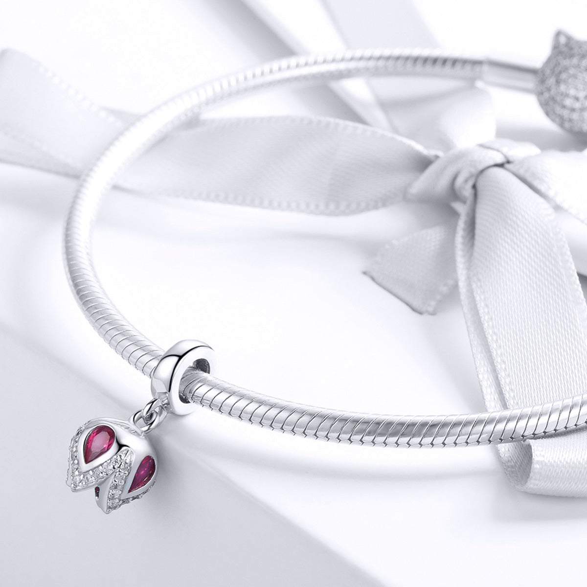 Silver Pendant Christmas Red Crystal Tulip CZ Dangle Charm For Sale - sursenso Pendant