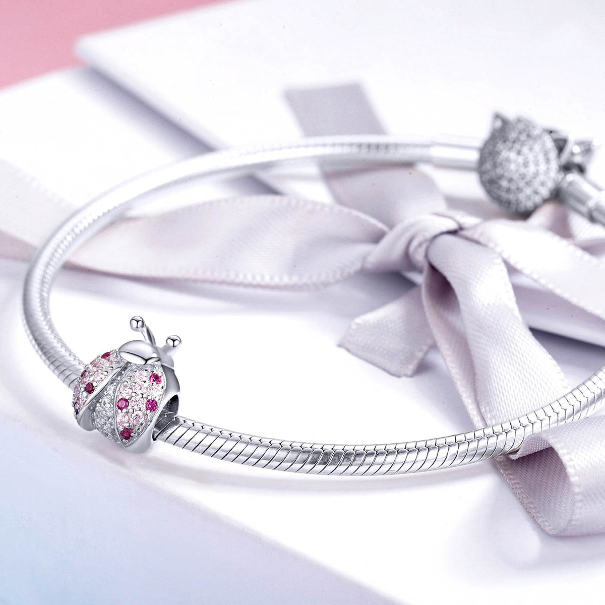 Silver Charm Pink Crystal Ladybug CZ Charm For Sale - sursenso Charm