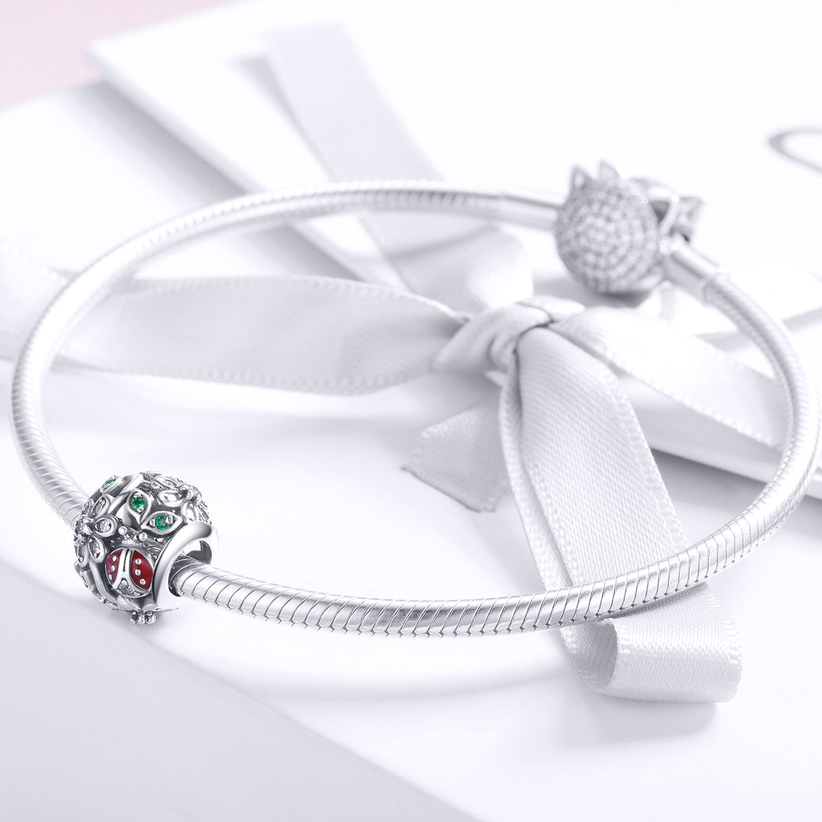 Silver Charm Floral Ladybird Garden Wonderland CZ Charm For Sale - sursenso Charm