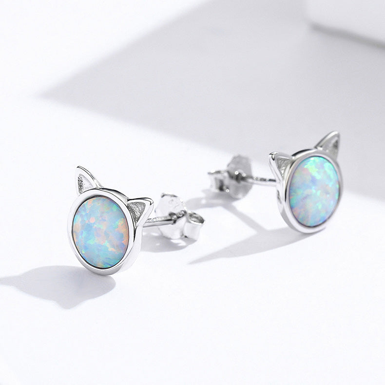 Silver Earrings Lovely Cat Face Opal Stud Earrings For Sale - sursenso Earring