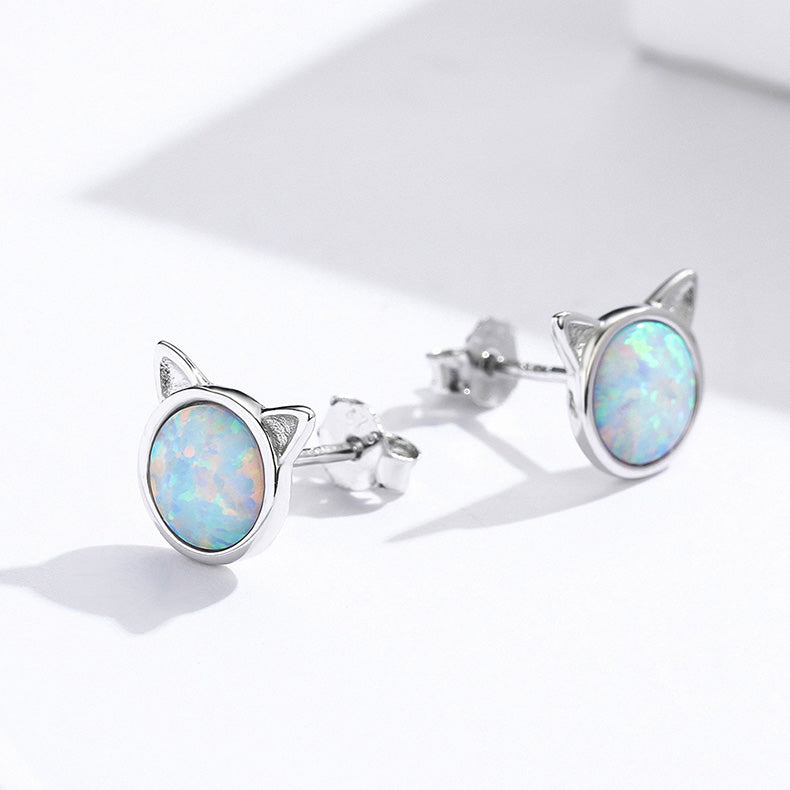 Silver Earrings Lovely Cat Face Opal Stud Earrings