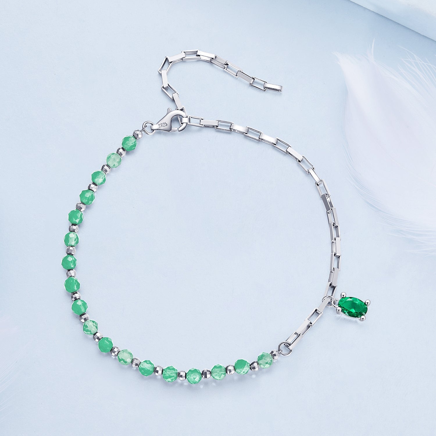 Silver Bracelet Crystal Glass Green CZ Chain For Sale - sursenso Bracelet