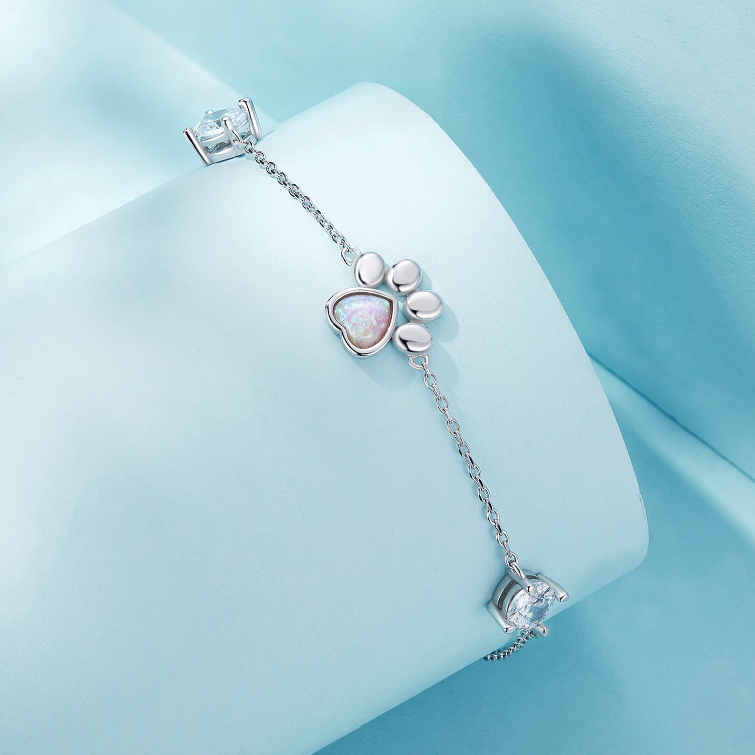 Silver Bracelet Delicate Paw Print CZ Chain Adjustable For Sale - sursenso Bracelet