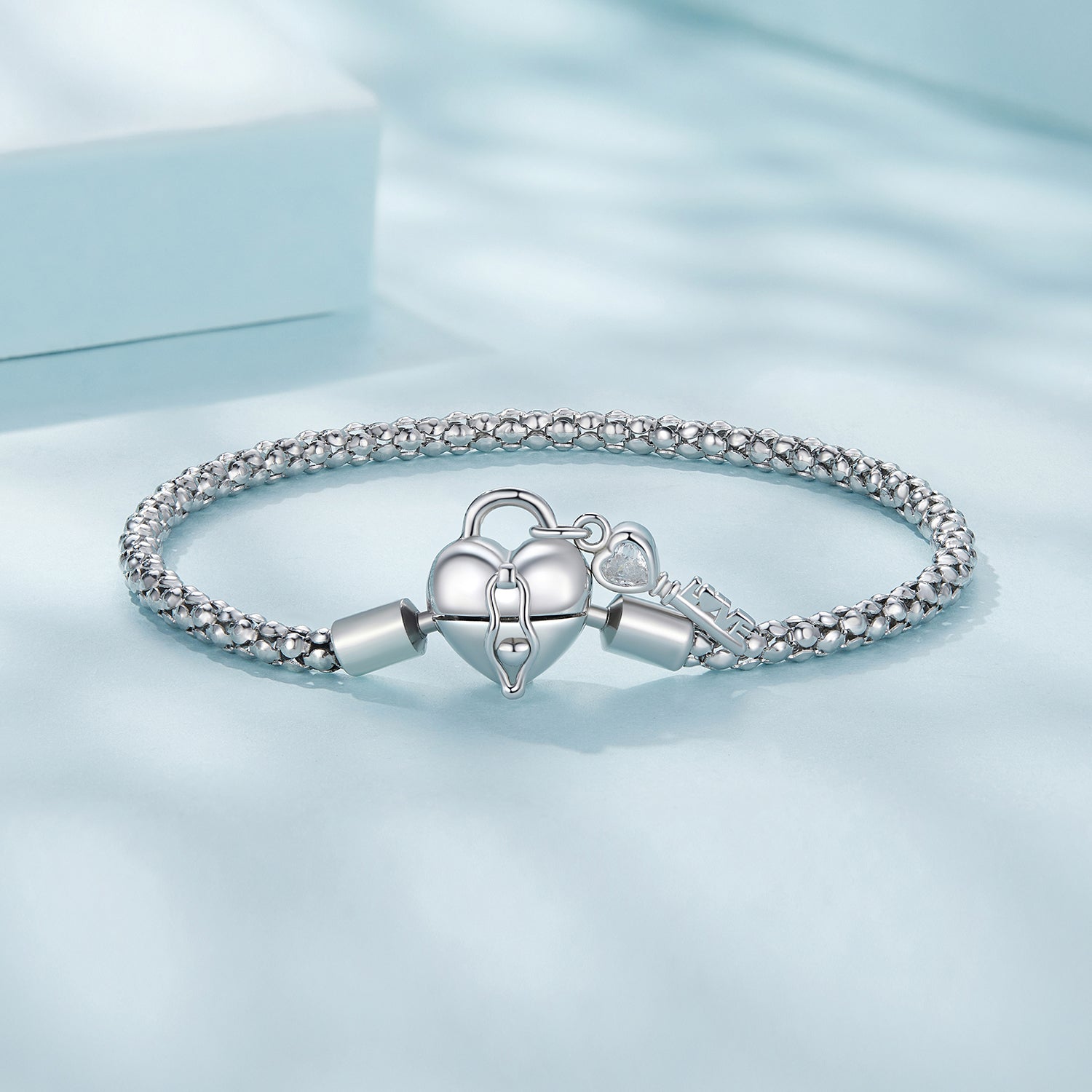 Silver Bracelet Heart Lock Key CZ 17cm Chain For Sale - sursenso Bracelet
