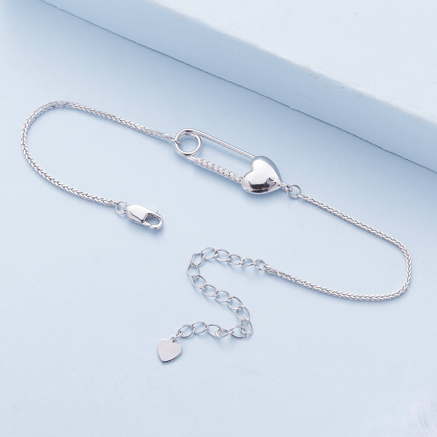 Silver Bracelet Heart Pin CZ Chain Adjustable For Sale - sursenso Bracelet