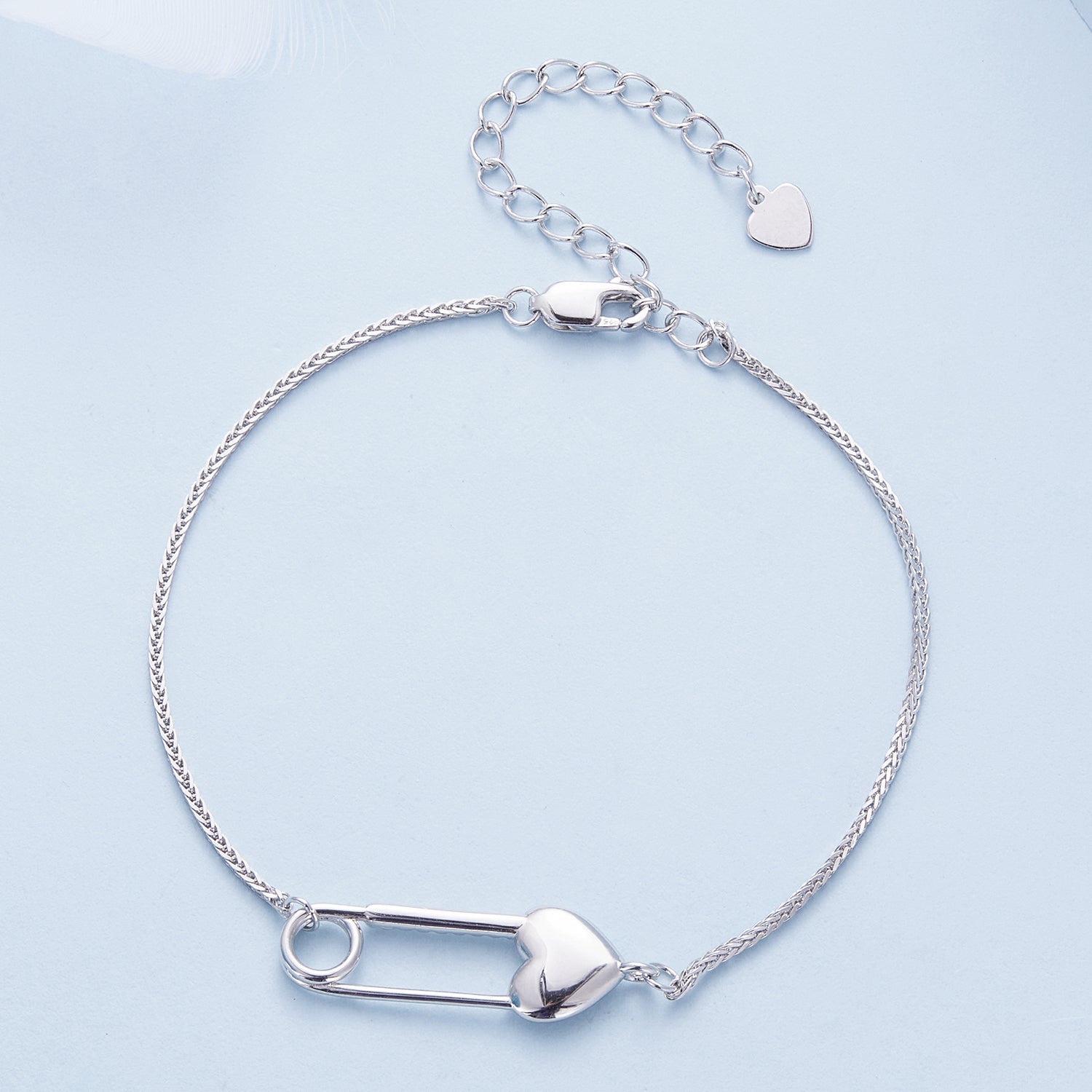Sterling Silver Bracelet Heart Pin CZ Chain Adjustable Fit