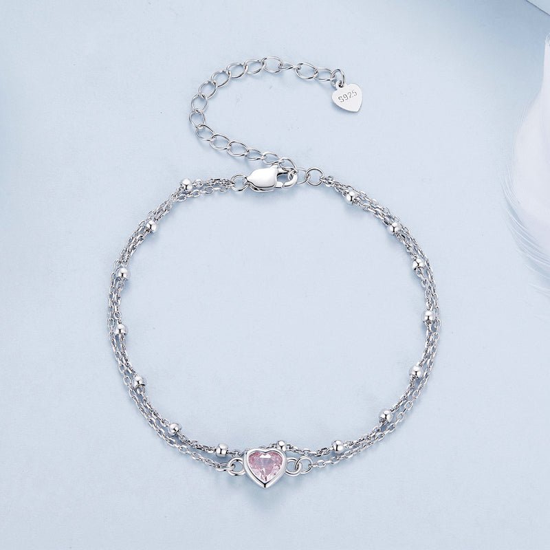 Sterling Silver Bracelet Heart Shaped Double Layer CZ Chain