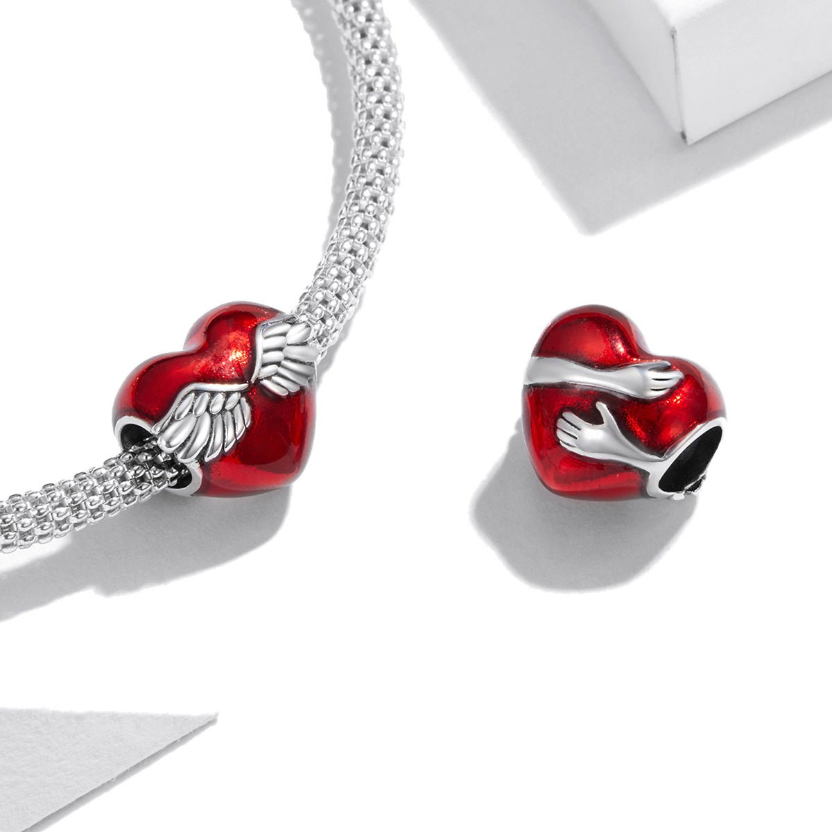 Silver Charm Angel's Wings Embrace of Red Love Heart Charm For Sale - sursenso Charm