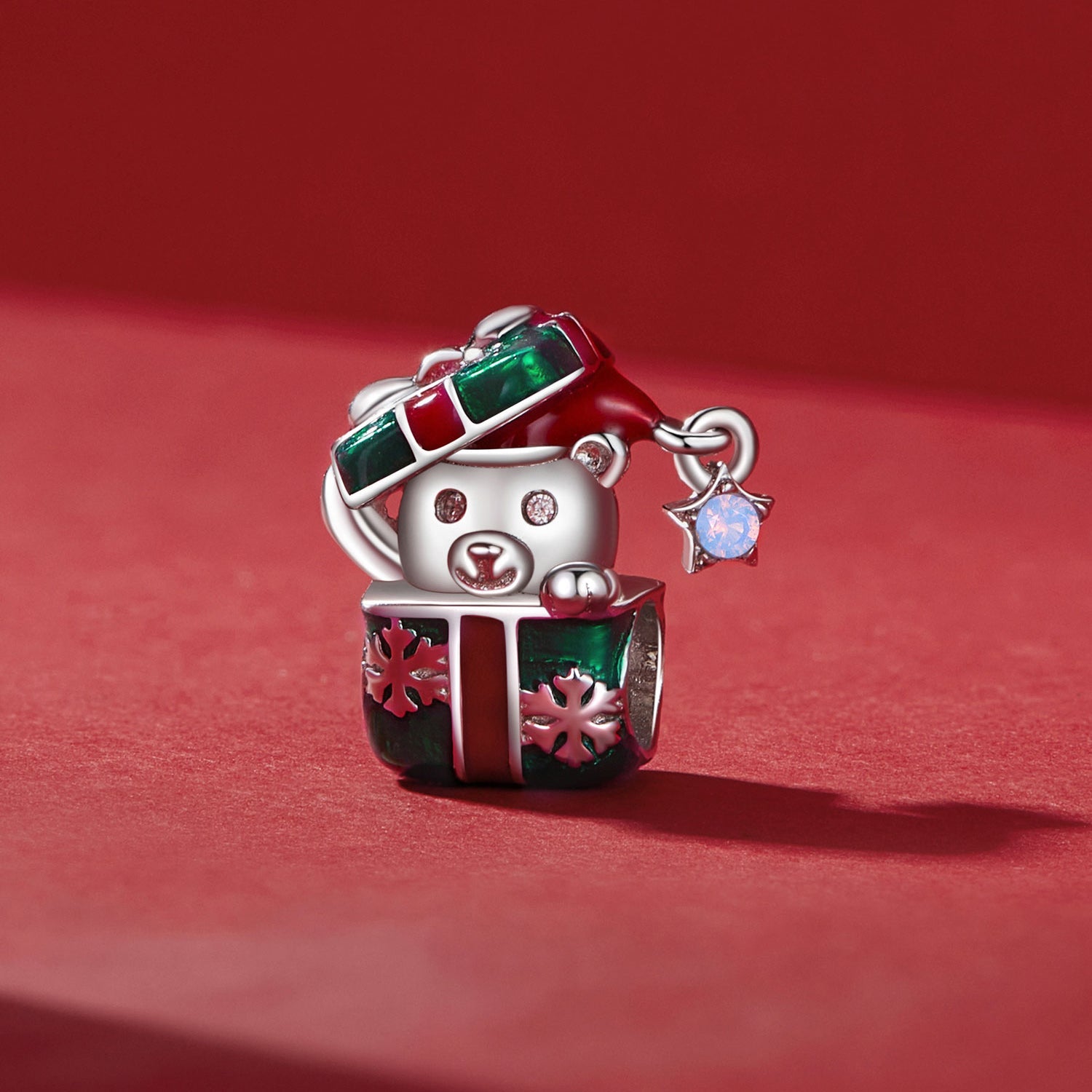 Silver Charm Bear Christmas Gift Box CZ Charm For Sale - sursenso Charm