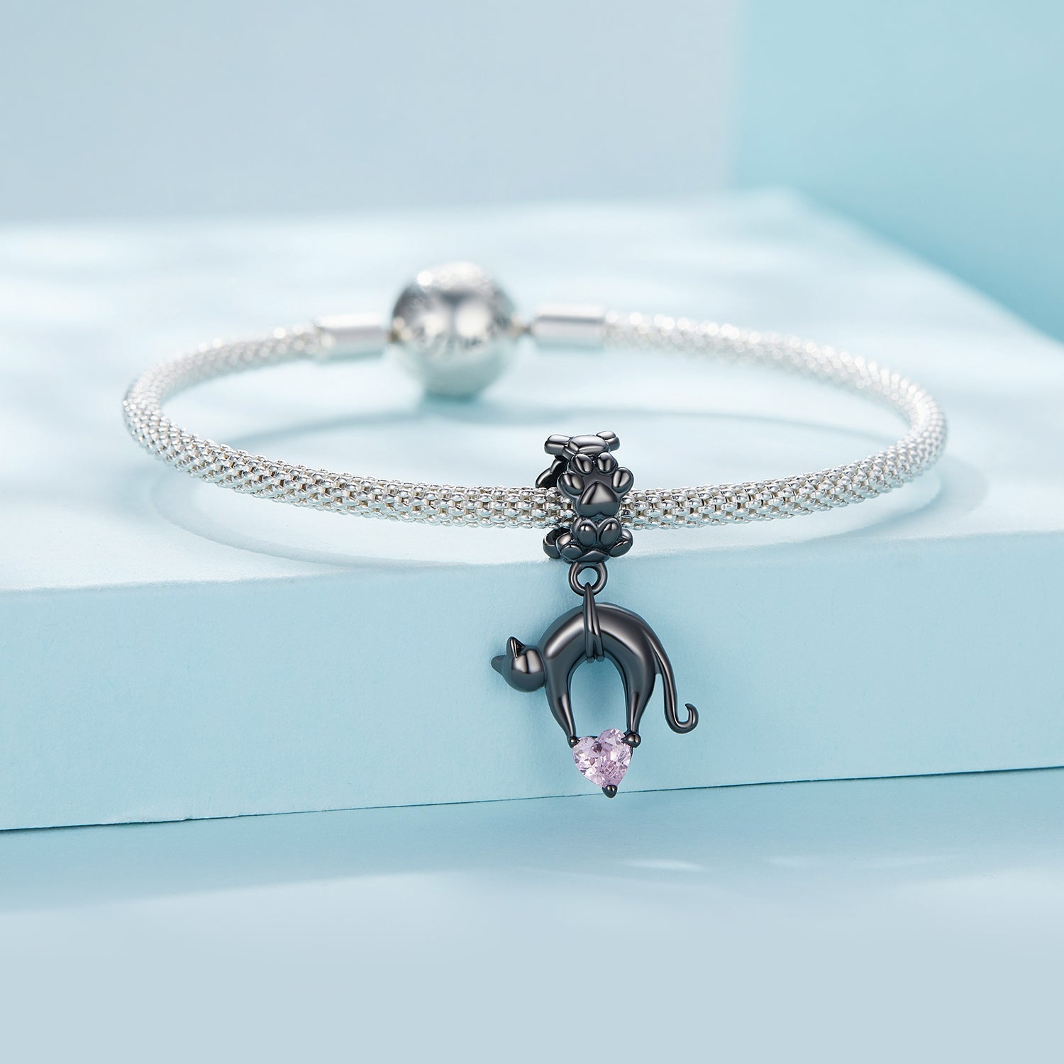 Silver Charm Black Cat Pink Love Heart CZ Dangle Charm For Sale - sursenso Charm