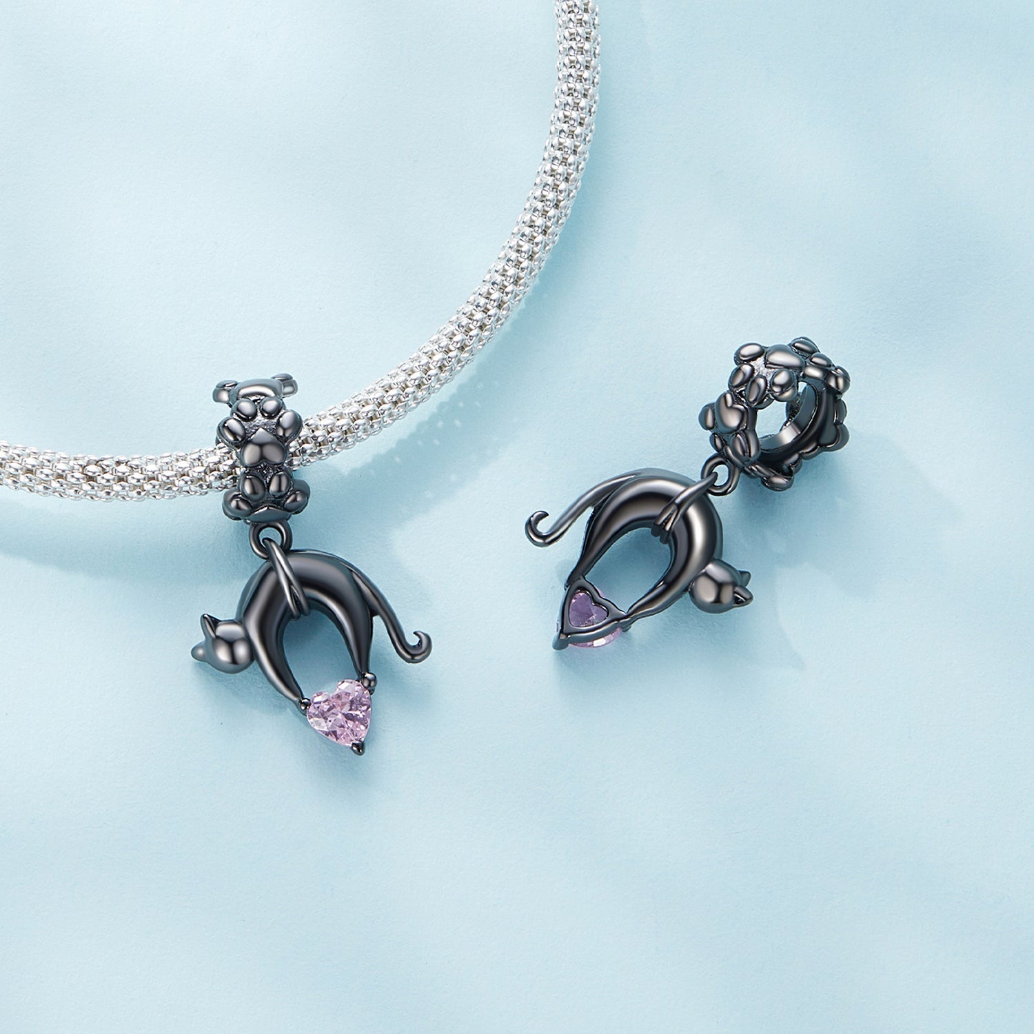 Silver Charm Black Cat Pink Love Heart CZ Dangle Charm For Sale - sursenso Charm