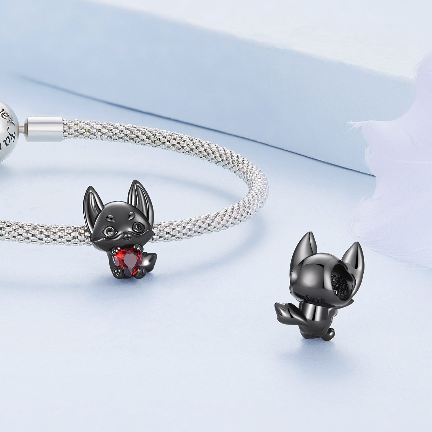 Silver Charm Black Fox with A Red Heart CZ Charm For Sale - sursenso Charm