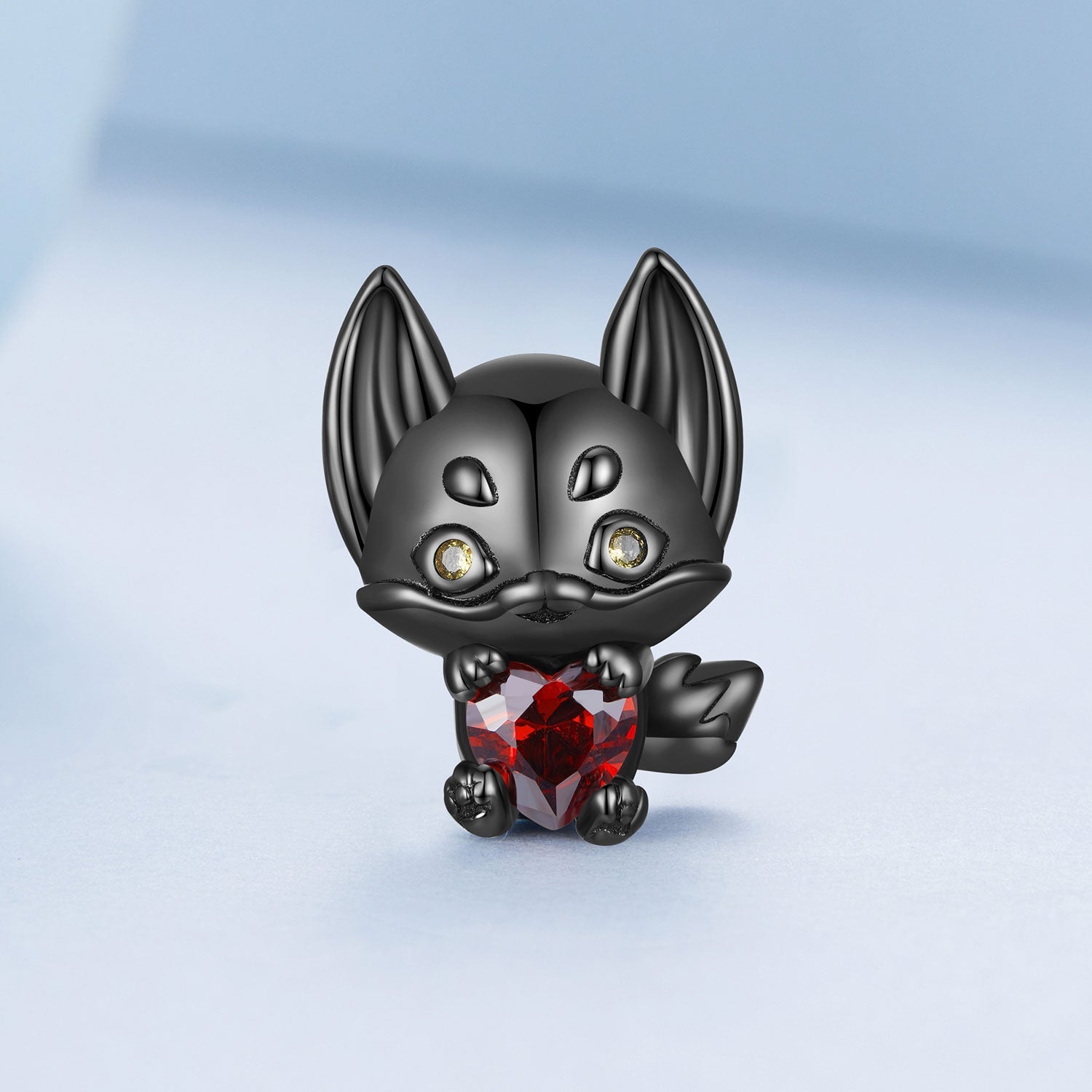 Silver Charm Black Fox with A Red Heart CZ Charm For Sale - sursenso Charm