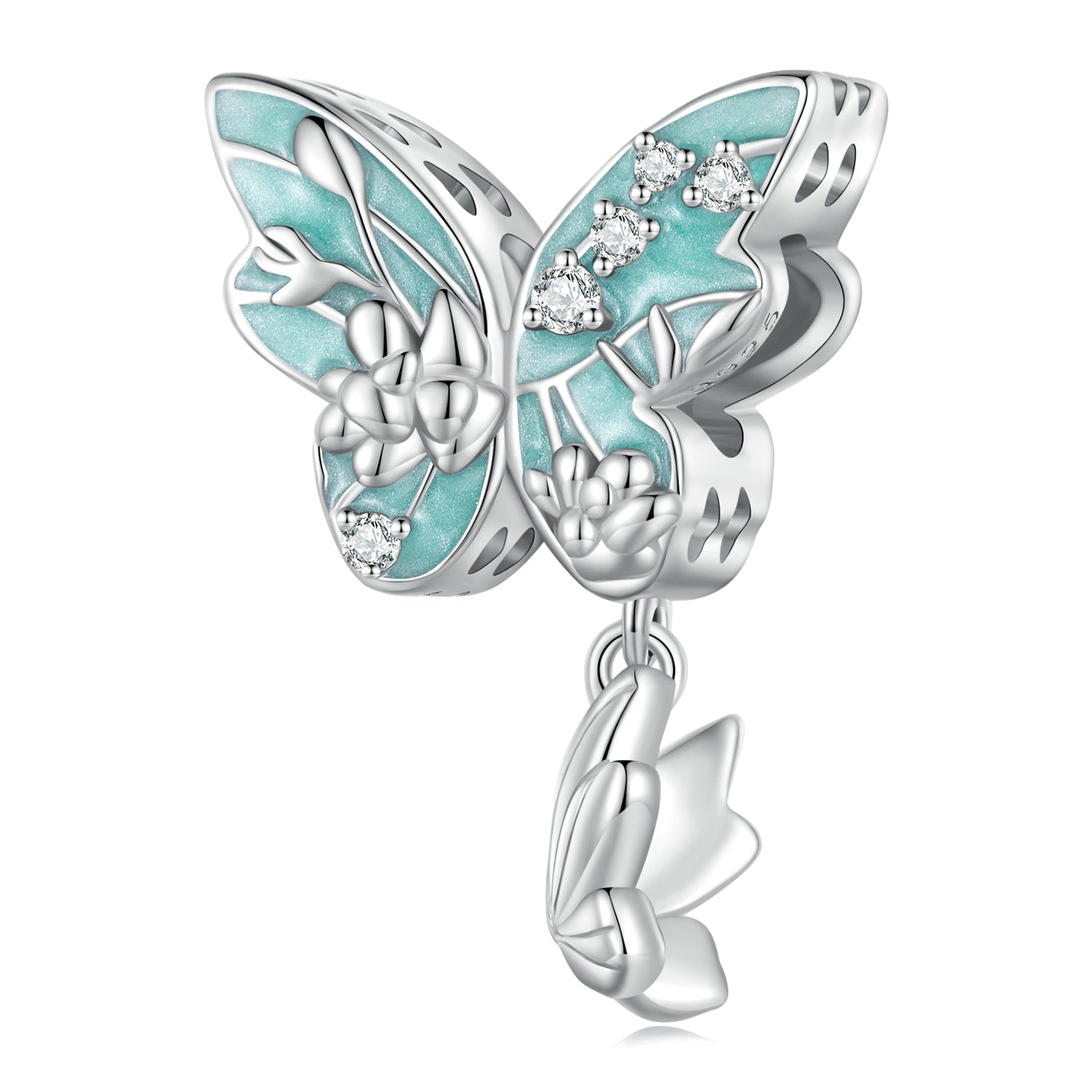 Silver Charm Blue Butterflies Love Flowers CZ Charm For Sale - sursenso Charm