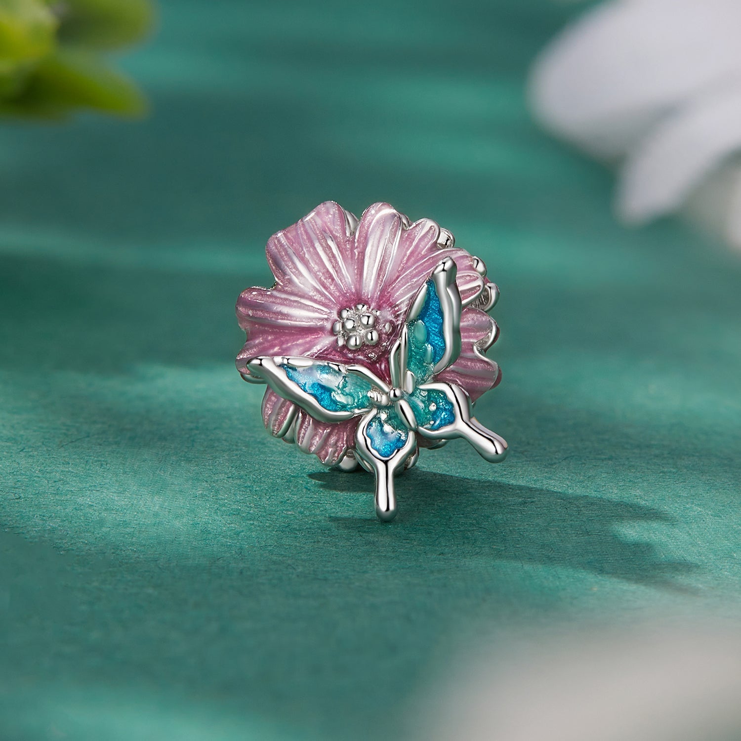 Silver Charm Blue Butterfly Pink Chrysanthemum Charm For Sale - sursenso Charm