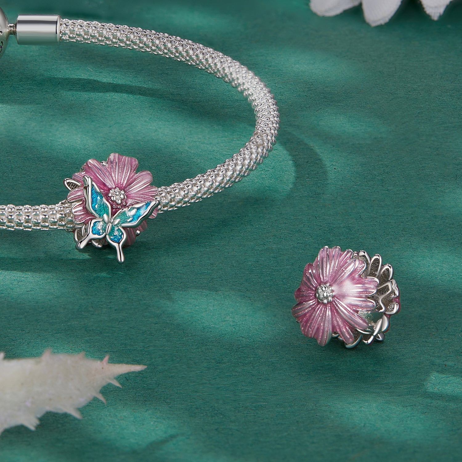 Silver Charm Blue Butterfly Pink Chrysanthemum Charm For Sale - sursenso Charm