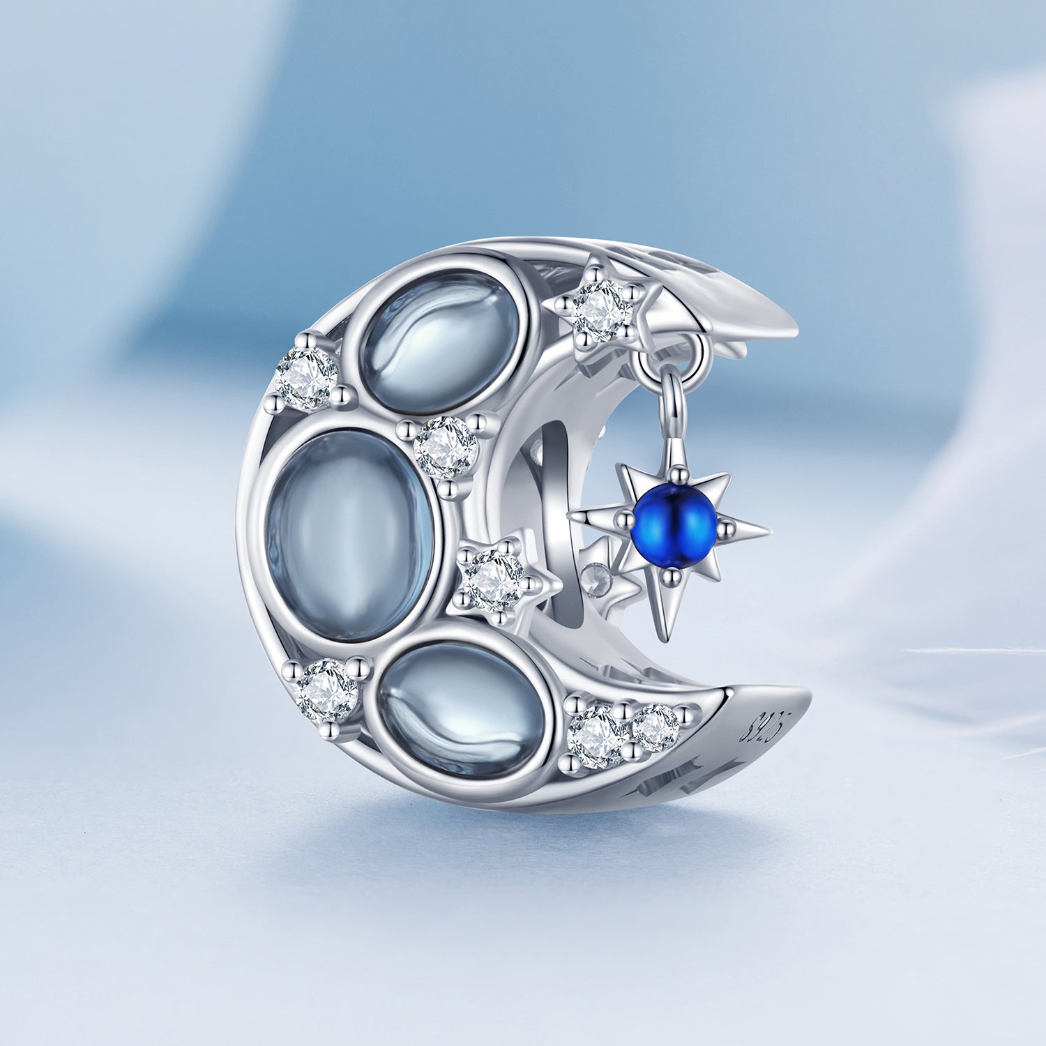 Sterling Silver Charm Blue Moon with Shinning Stars CZ Charm Sterling Silver Charm Blue Moon with Shinning Stars CZ Charm