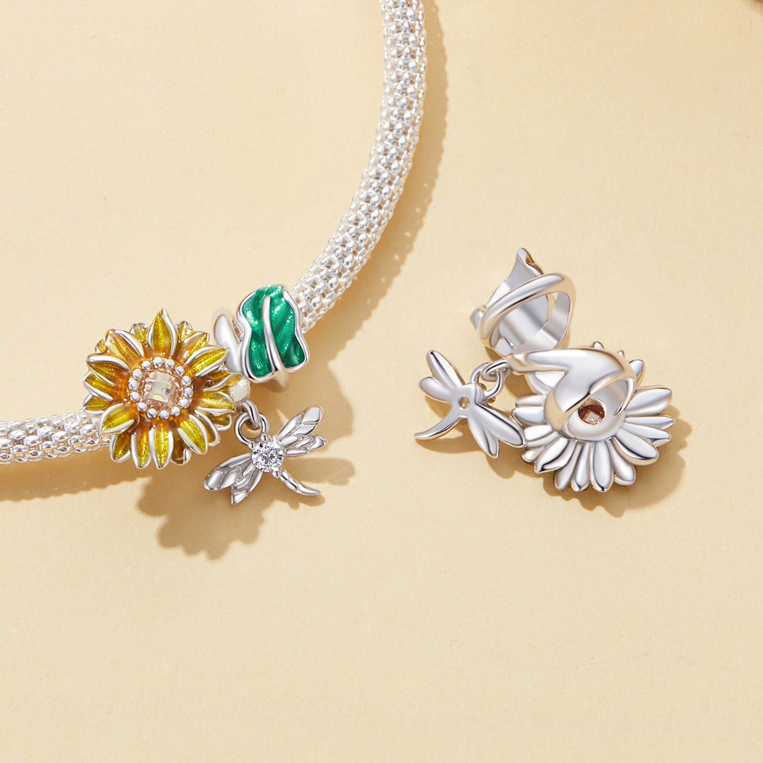 Silver Charm Bright Sunflower Dragonfly CZ Charm For Sale - sursenso Charm