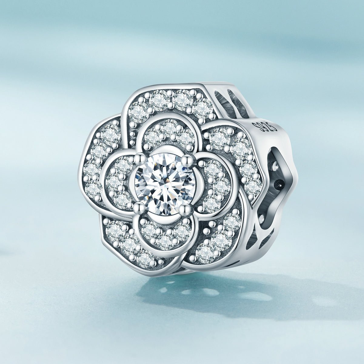 Silver Charm Camellia Full Shining CZ Charm For Sale - sursenso Charm