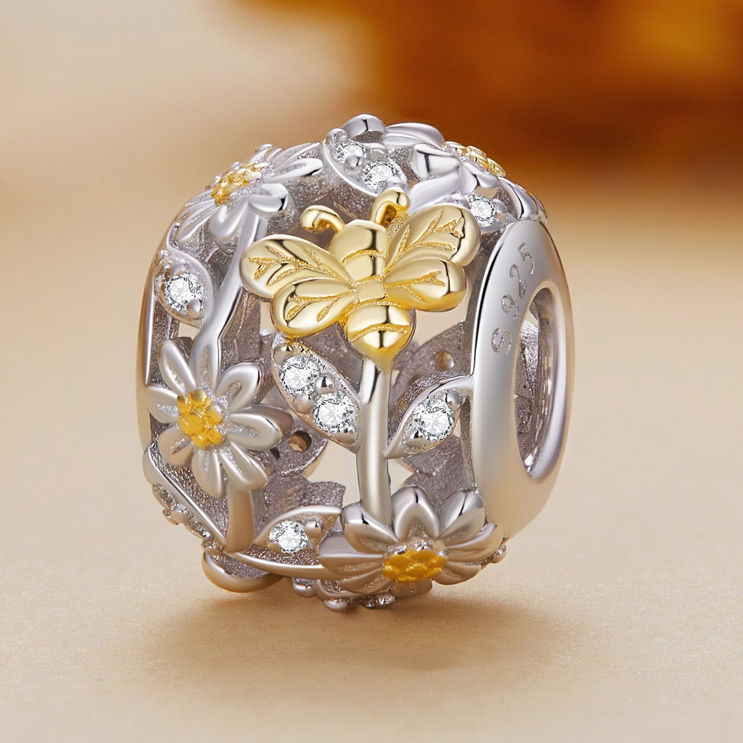 Silver Charm Daisy Bee Round Gold CZ Charm For Sale - sursenso Charm