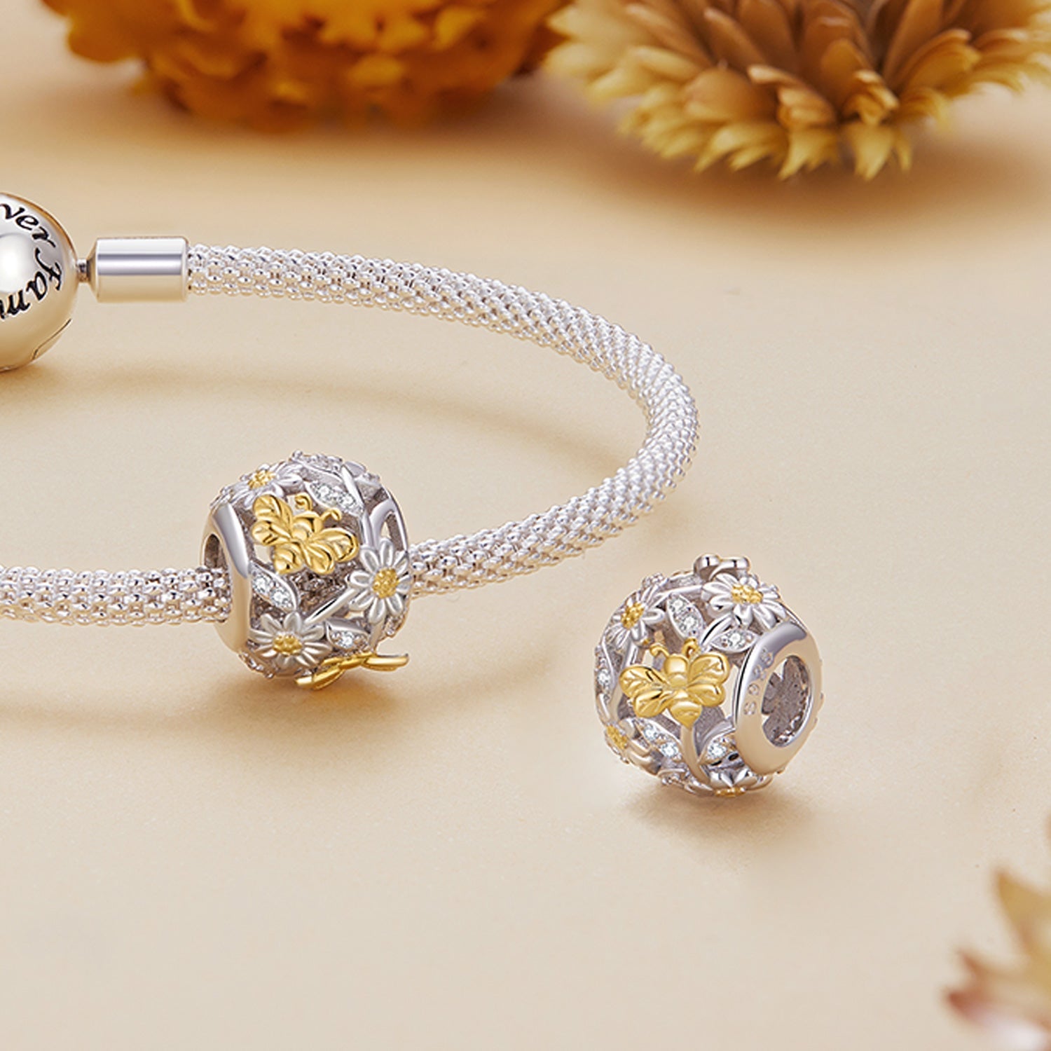 Silver Charm Daisy Bee Round Gold CZ Charm For Sale - sursenso Charm