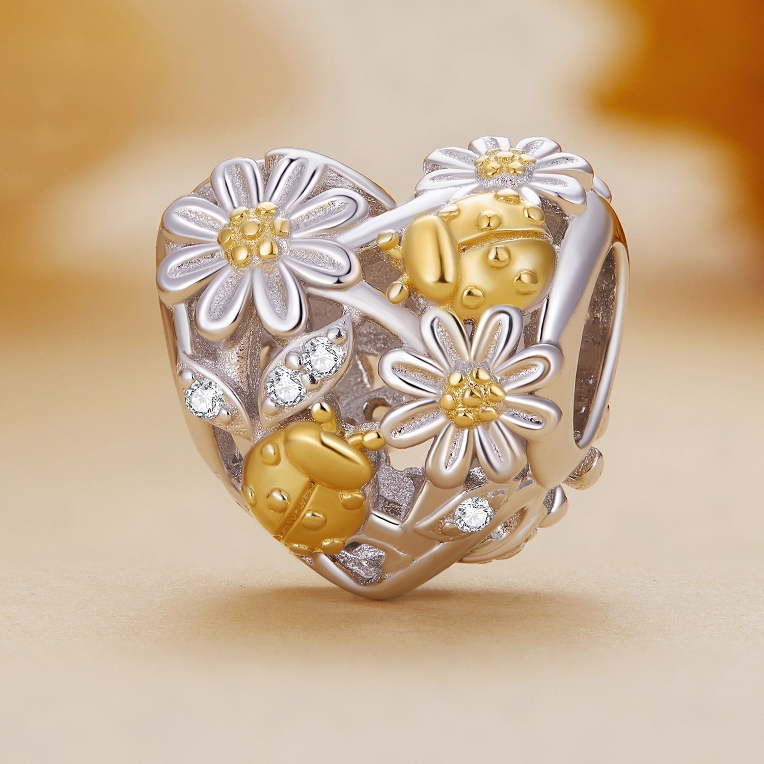 Silver Charm Daisy Ladybug Heart Gold CZ Charm For Sale - sursenso Charm