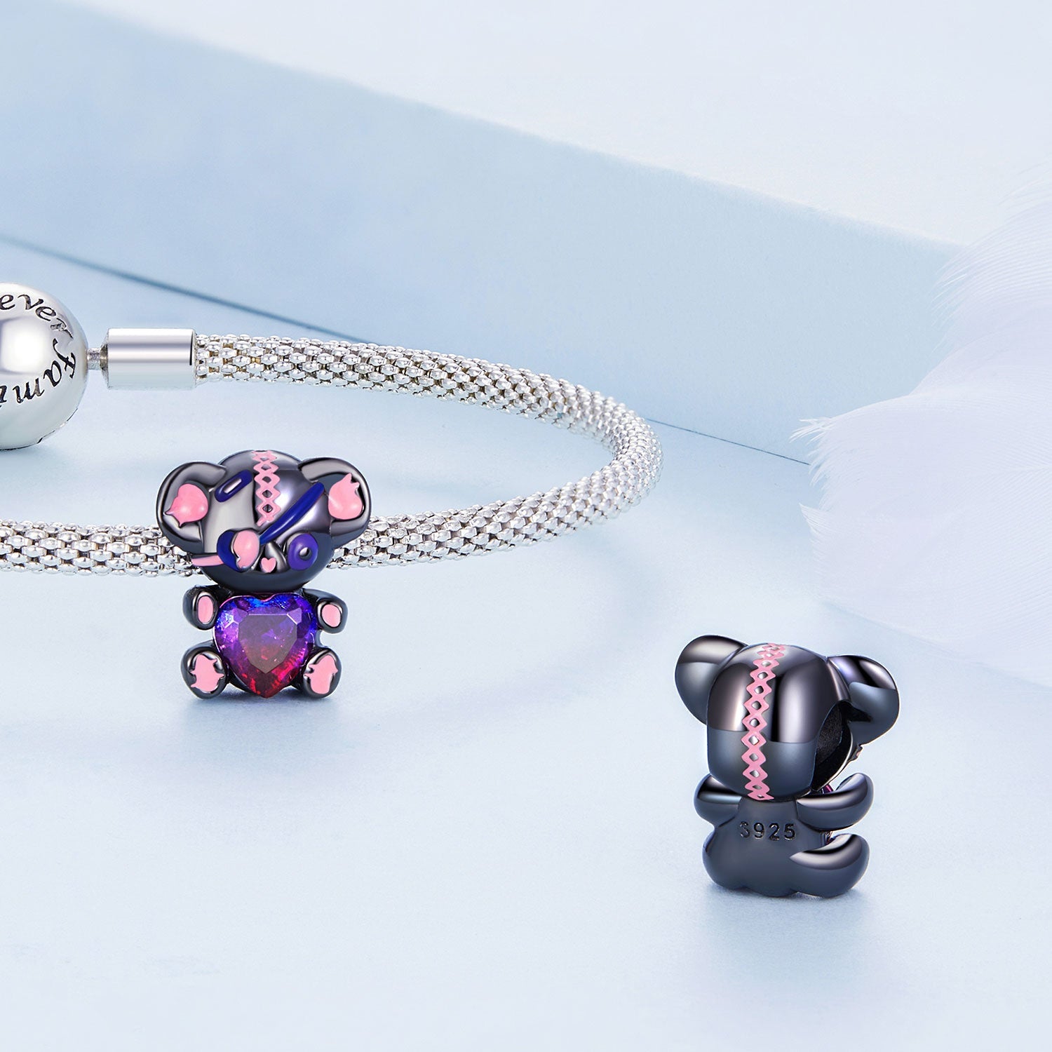 Silver Charm Doodle Love Bear with One Eye CZ Charm For Sale - sursenso Charm