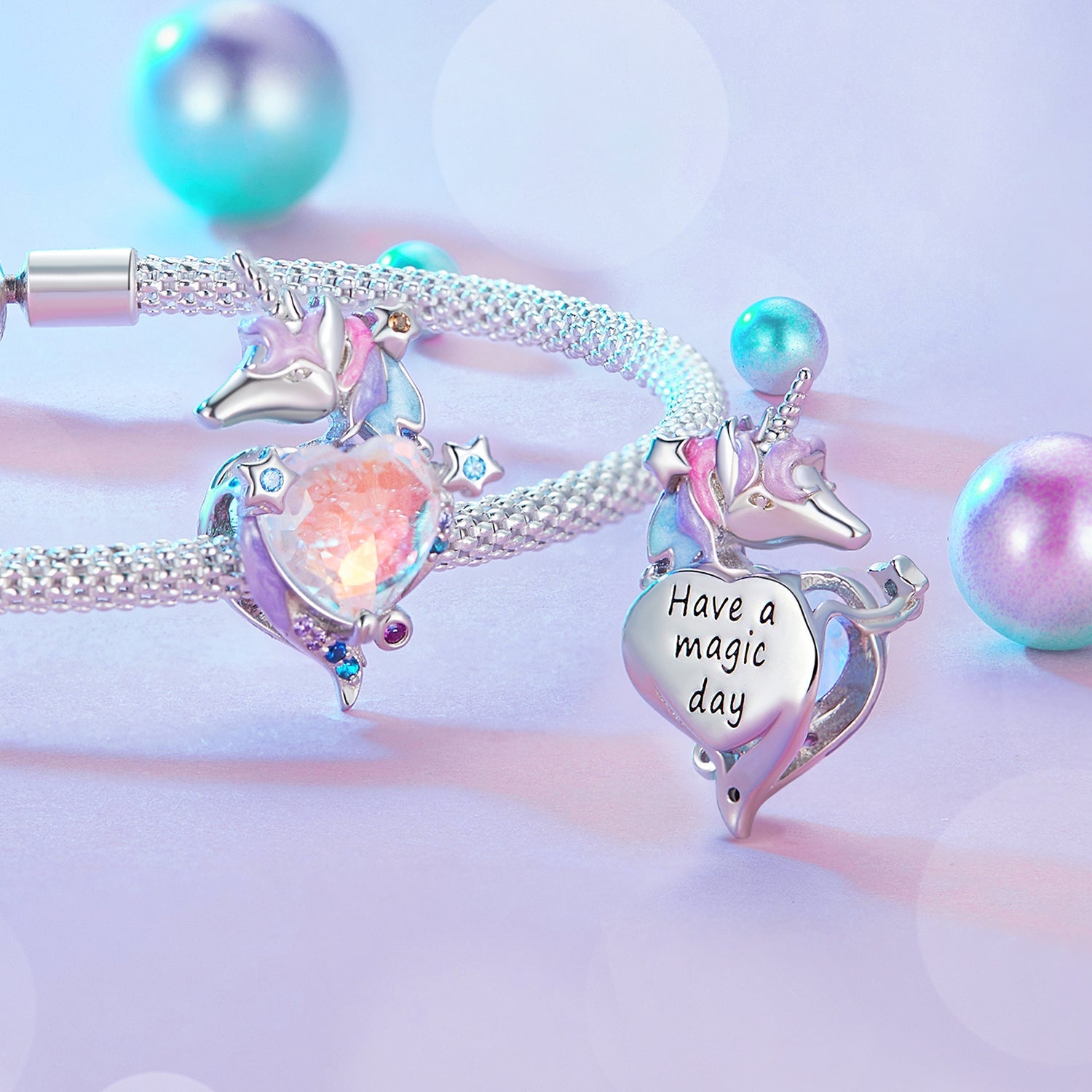 Silver Charm Fancy Heart Shaped Unicorn CZ Charm For Sale - sursenso Charm