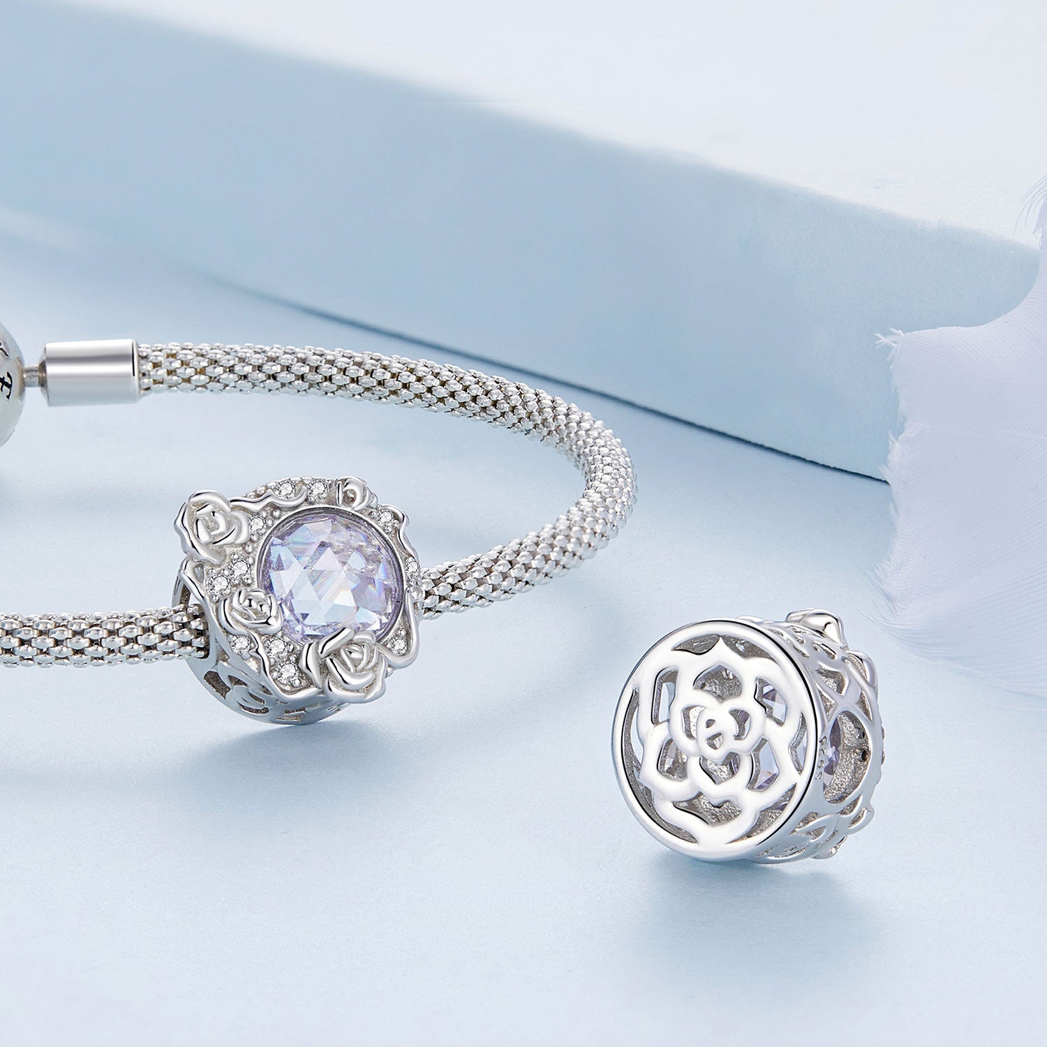 Silver Charm Female Energy Moon Rose CZ Charm For Sale - sursenso Charm