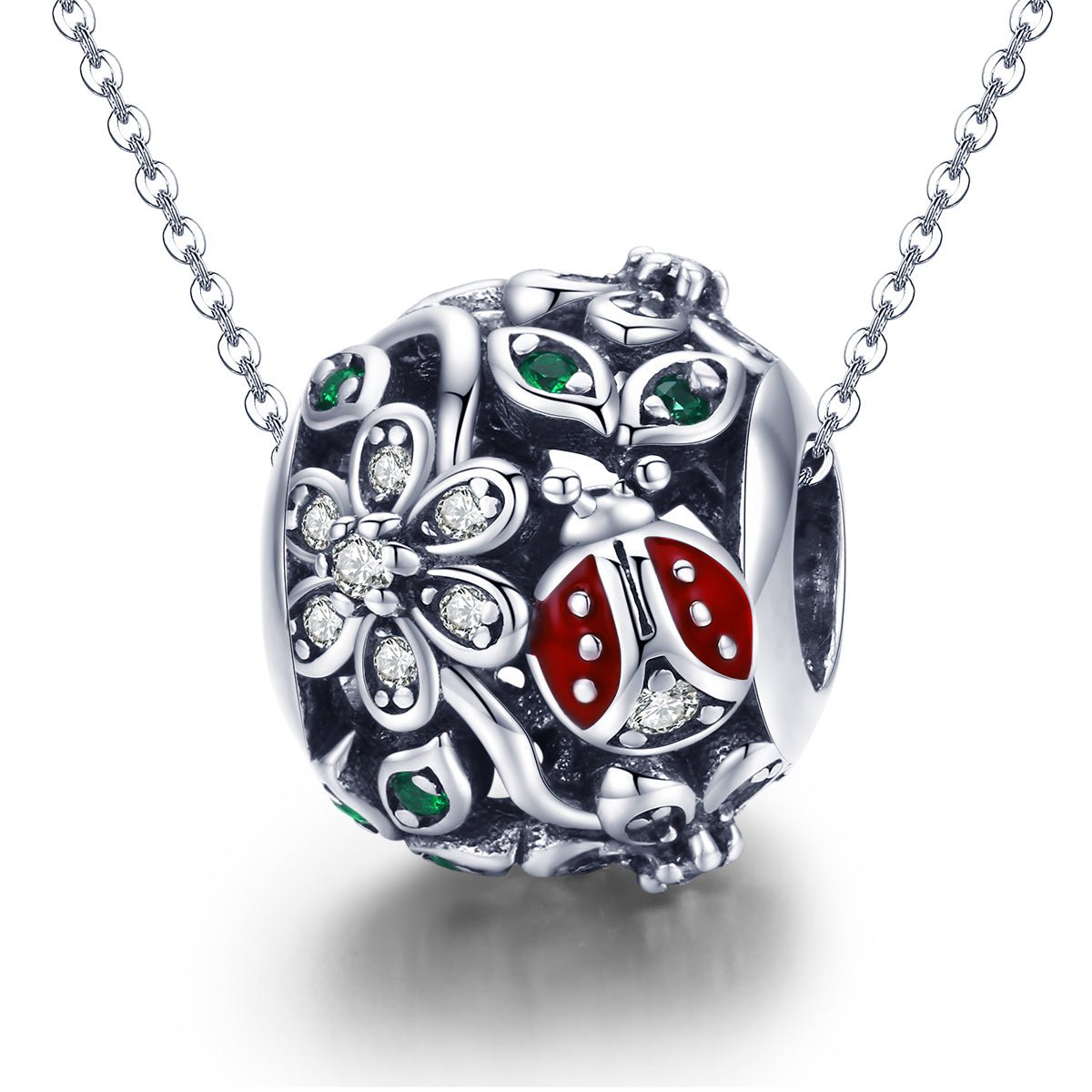 Silver Charm Floral Ladybird Garden Wonderland CZ Charm For Sale - sursenso Charm
