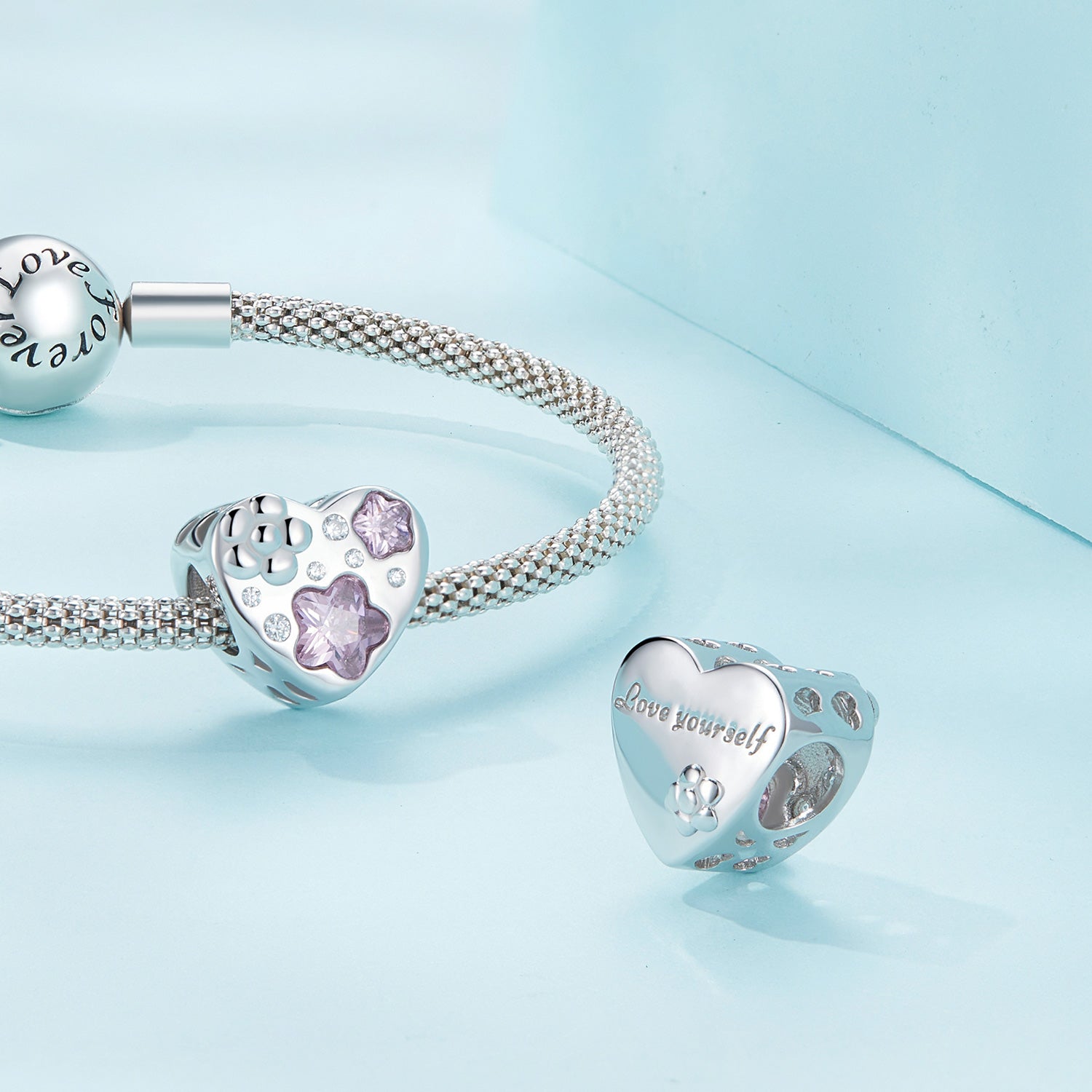 Silver Charm Heart Pink Stars Flowers CZ Charm For Sale - sursenso Charm