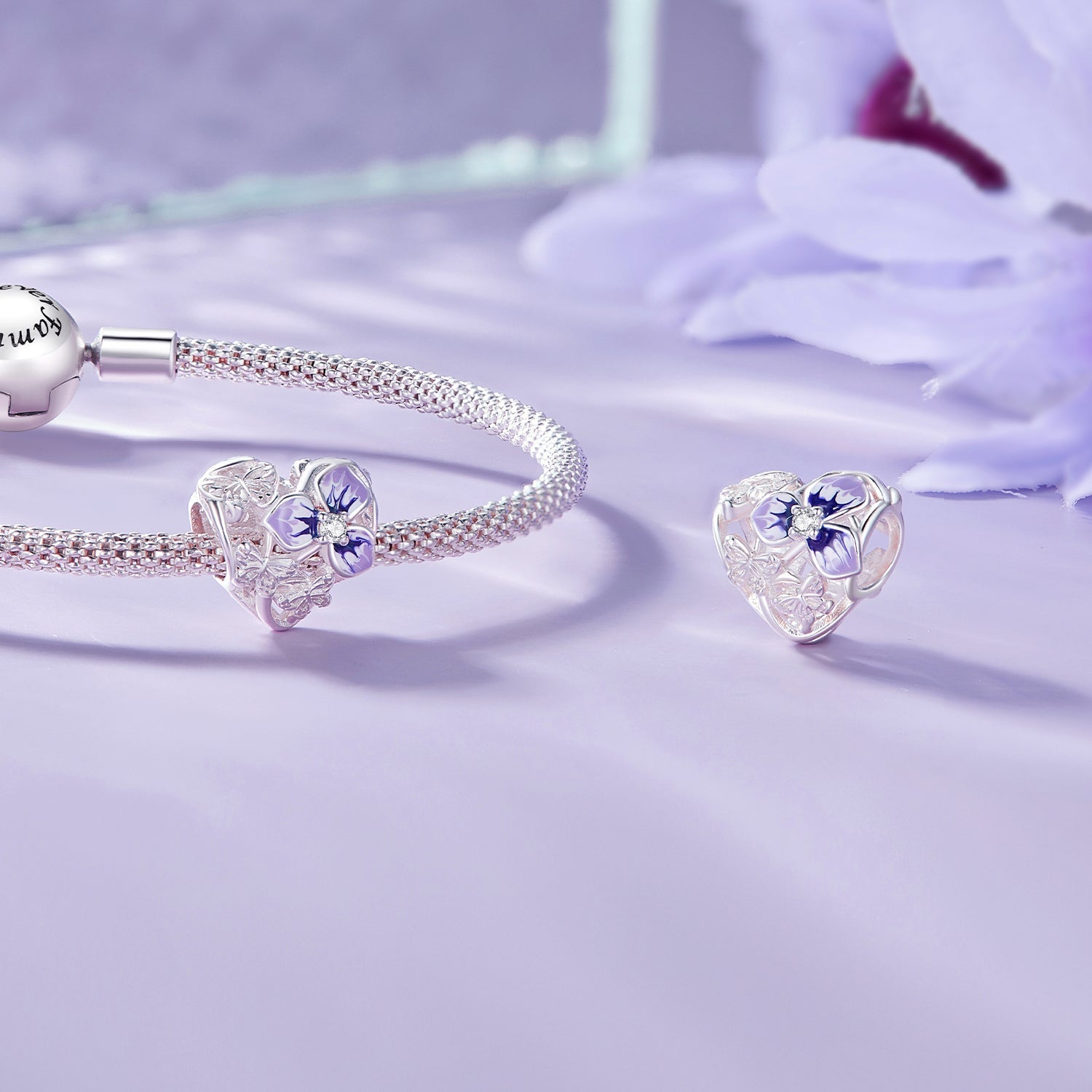 Silver Charm Heart Shape Pansy CZ Charm For Sale - sursenso Charm